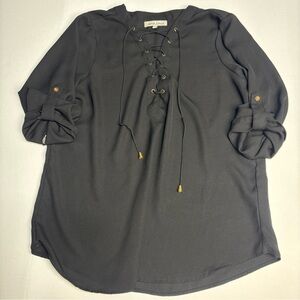 Speed Limit Women Large Shirt Tunic Black Gold Accent Lace Up Roll Tab Polyester